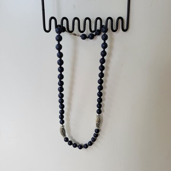 Vintage Dark Navy Blue Hard Plastic 28" Beaded Costume Fashion Jewelry Necklace - Picture 1 of 8